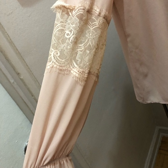 Blush sheer top office long sleeve boho neck tie - Picture 4 of 7